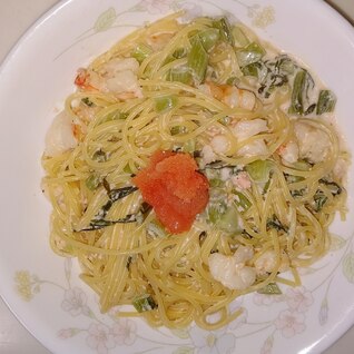 辛子明太子とエビ高菜 クリームパスタ